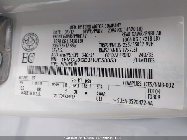 1FMCU0GD3HUE58853 Ford gtdi sigma w/premium fuel