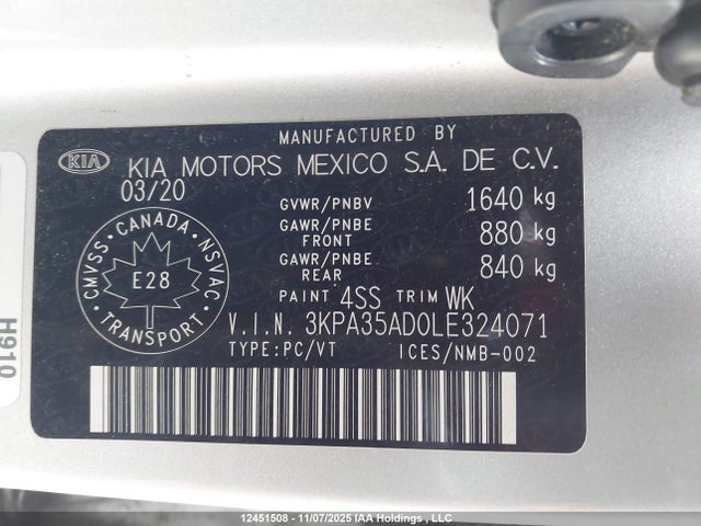 Продаж на аукціоні авто 2020 Kia Rio Ex/ex Sport, vin: 3KPA35AD0LE324071, номер лоту: 12451508
