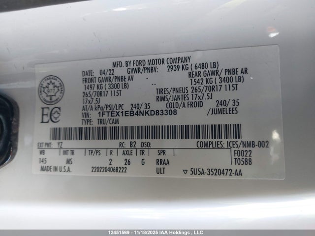 Продаж на аукціоні авто 2022 Ford F150 Super Cab, vin: 1FTEX1EB4NKD83308, номер лоту: 12451569