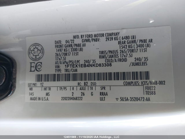 Продаж на аукціоні авто 2022 Ford F150 Super Cab, vin: 1FTEX1EB4NKD83308, номер лоту: 12451569