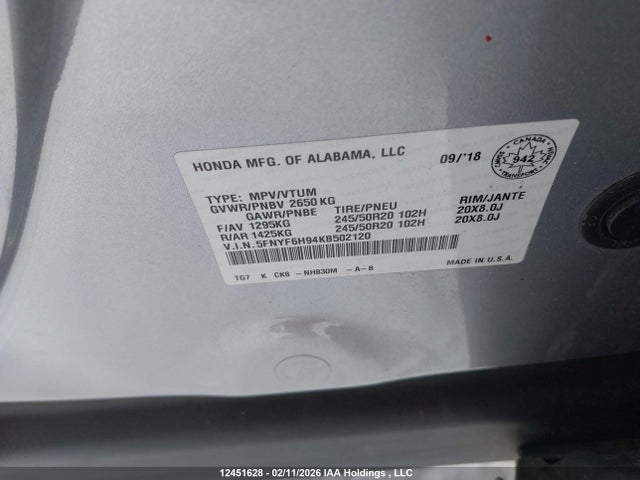 5FNYF6H94KB502120 Honda Pilot Touring
