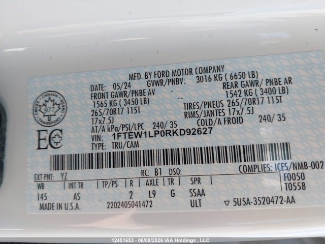2024 Ford F150 Xl მანქანა იყიდება აუქციონზე, vin: 1FTEW1LP0RKD92627, აუქციონის ნომერი: 12451653