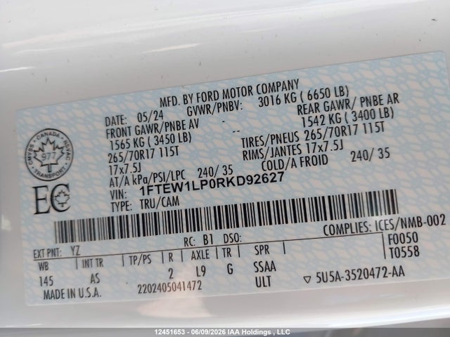 2024 Ford F150 Xl მანქანა იყიდება აუქციონზე, vin: 1FTEW1LP0RKD92627, აუქციონის ნომერი: 12451653