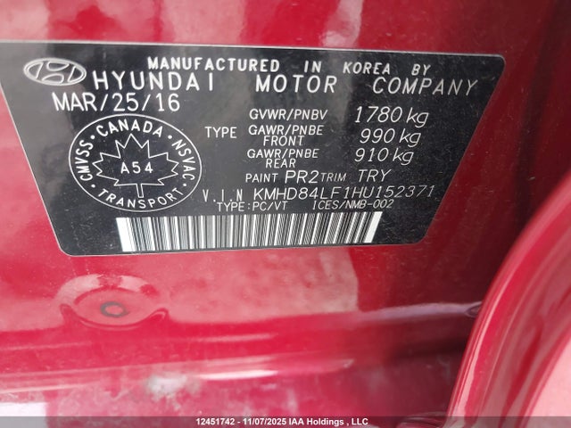 KMHD84LF1HU152371 Hyundai ELANTRA GL