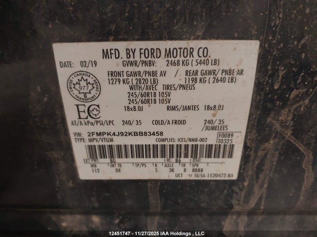 Продаж на аукціоні авто 2019 Ford Edge Sel, vin: 2FMPK4J92KBB83458, номер лоту: 12451747
