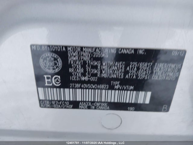 Aukcja sprzedaży 2012 Toyota Rav4, vin: 2T3BF4DV5CW246823, numer aukcji: 12451781