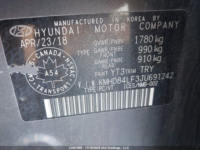 KMHD84LF3JU691242 Hyundai Elantra Gl Se
