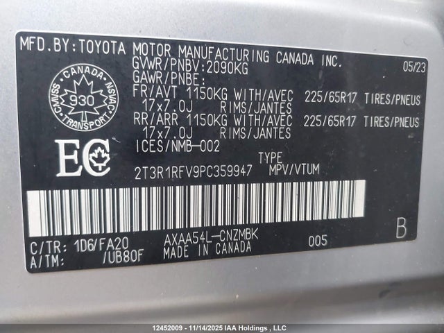 2023 Toyota Rav4 Xle/xle Premium მანქანა იყიდება აუქციონზე, vin: 2T3R1RFV9PC359947, აუქციონის ნომერი: 12452009