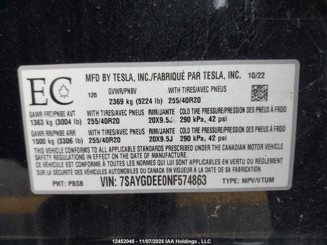 Tesla Model Y Long Range 2022 7SAYGDEE0NF574863 Image 18