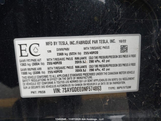 Tesla Model Y Long Range 2022 7SAYGDEE0NF574863 Image 19