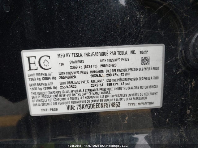 Tesla Model Y Long Range 2022 7SAYGDEE0NF574863 Image 9