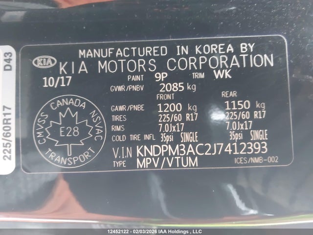12452122 :رقم المزاد ، KNDPM3AC2J7412393 vin ، 2018 Kia Sportage Lx مزاد بيع