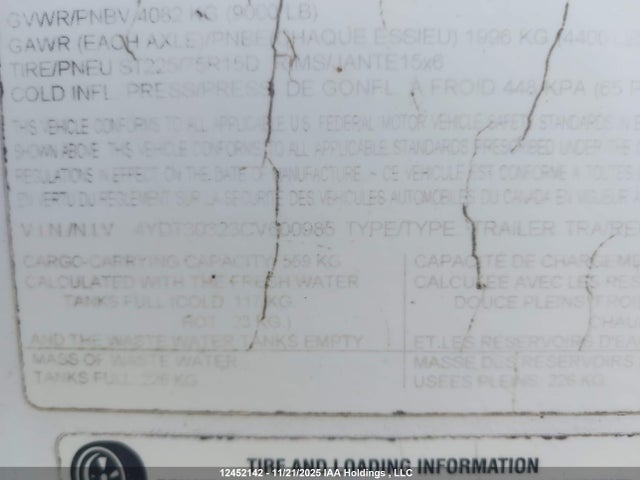 2012 Keystone Keystone მანქანა იყიდება აუქციონზე, vin: 4YDT30323CV600985, აუქციონის ნომერი: 12452142