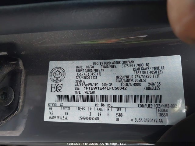 2020 Ford F-150 Xlt მანქანა იყიდება აუქციონზე, vin: 1FTEW1E44LFC50042, აუქციონის ნომერი: 12452232