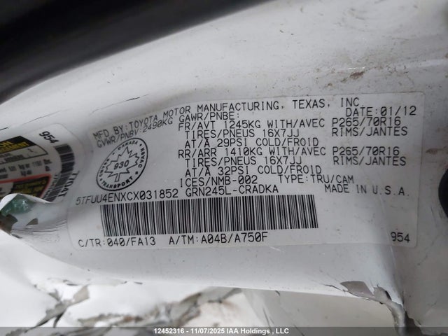 12452316 :رقم المزاد ، 5TFUU4ENXCX031852 vin ، 2012 Toyota Tacoma مزاد بيع