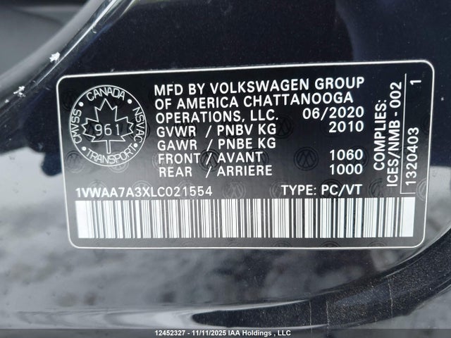 Aukcja sprzedaży 2020 Volkswagen Passat Comfortline, vin: 1VWAA7A3XLC021554, numer aukcji: 12452327