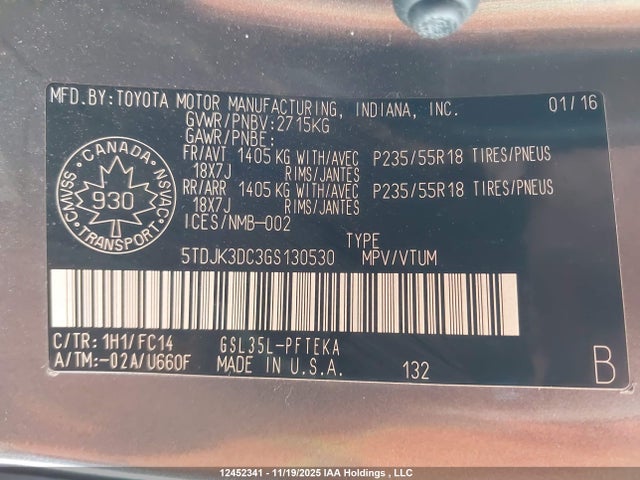 5TDJK3DC3GS130530 Toyota SIENNA LE