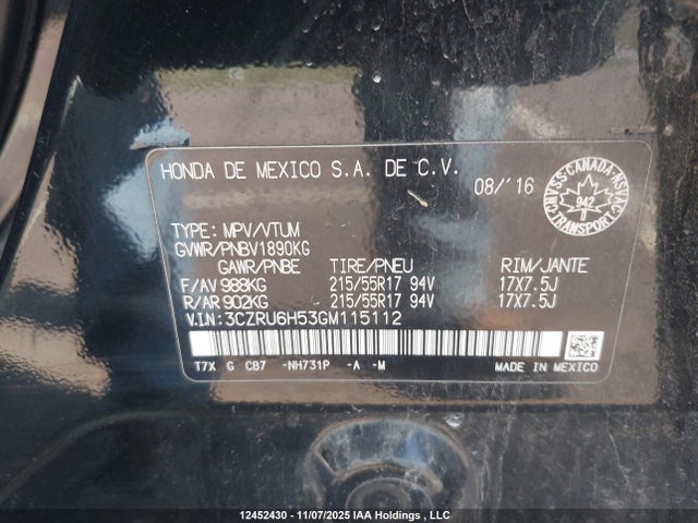 3CZRU6H53GM115112 Honda HR-V EX