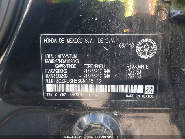 3CZRU6H53GM115112 Honda HR-V EX