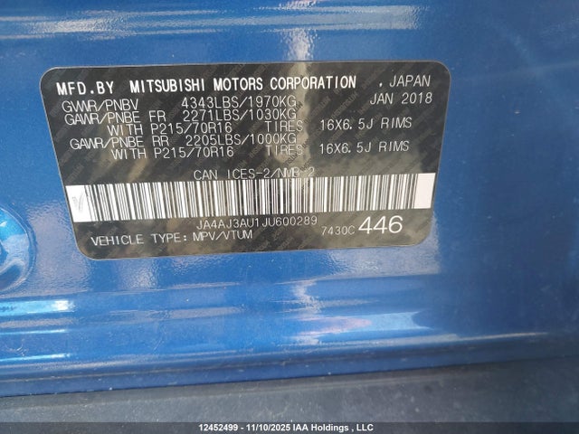 JA4AJ3AU1JU600289 Mitsubishi RVR SE