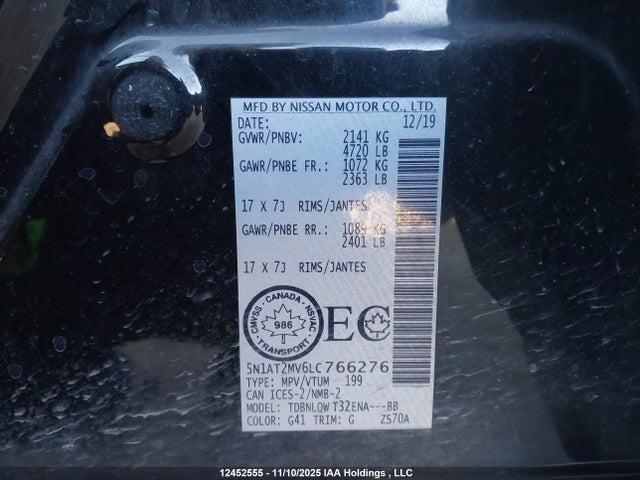 Продажа на аукционе авто 2020 Nissan Rogue S/sl/sv, vin: 5N1AT2MV6LC766276, номер лота: 12452555