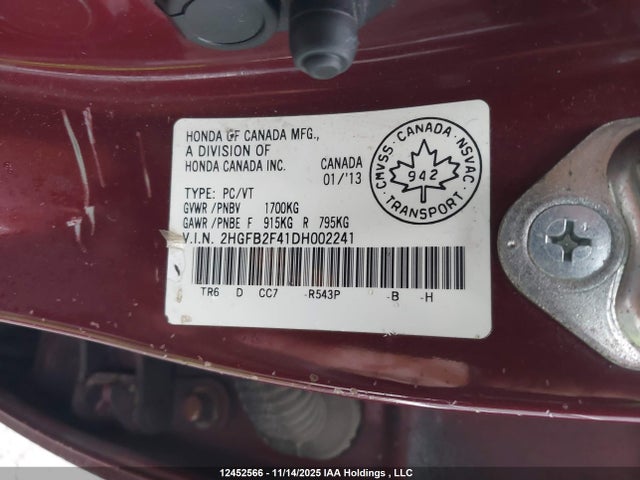 12452566 :رقم المزاد ، 2HGFB2F41DH002241 vin ، 2013 Honda Civic مزاد بيع
