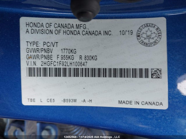 Honda Civic Touring 2020 2HGFC1F92LH100647 Image 9