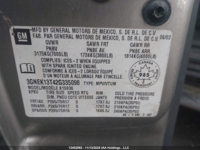 Продаж на аукціоні авто 2002 Chevrolet Avalanche 1500, vin: 3GNEK13T42G335098, номер лоту: 12452592