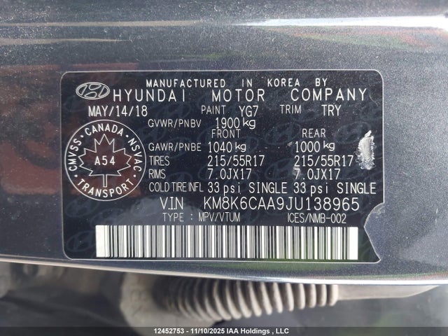 Aukcja sprzedaży 2018 Hyundai Kona 2.0l Luxury, vin: KM8K6CAA9JU138965, numer aukcji: 12452753