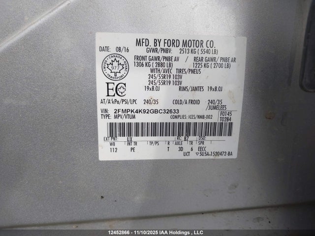 Продаж на аукціоні авто 2016 Ford Edge Titanium, vin: 2FMPK4K92GBC32633, номер лоту: 12452866