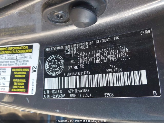 12452993 :رقم المزاد ، 4T3BK11A99U014245 vin ، 2009 Toyota Venza مزاد بيع
