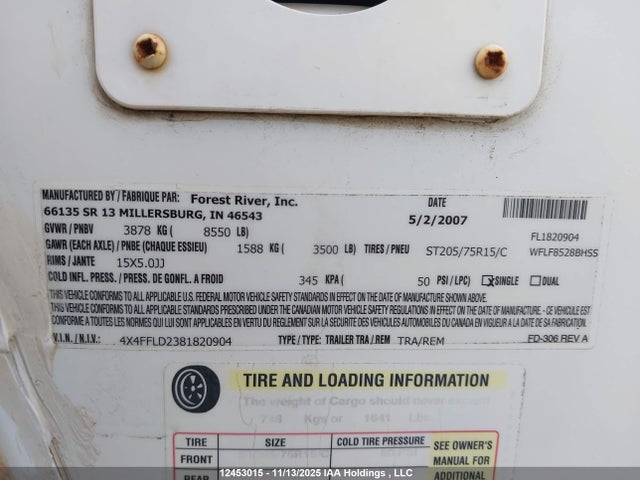 2008 Forest River Forest River მანქანა იყიდება აუქციონზე, vin: 4X4FFLD2381820904, აუქციონის ნომერი: 12453015