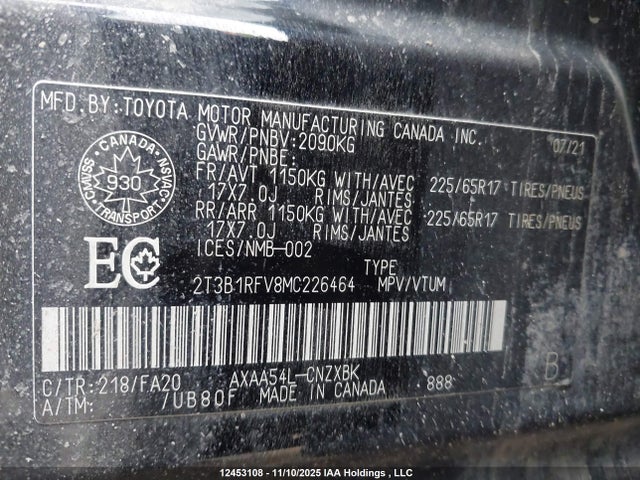 2021 Toyota Rav4 Le მანქანა იყიდება აუქციონზე, vin: 2T3B1RFV8MC226464, აუქციონის ნომერი: 12453108
