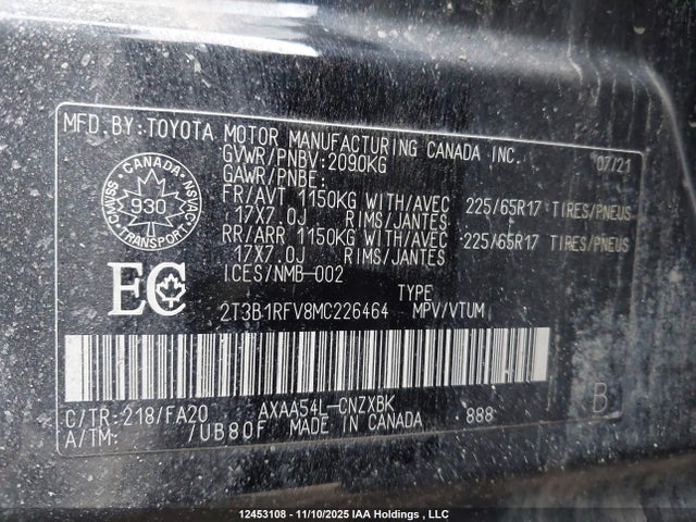 2021 Toyota Rav4 Le მანქანა იყიდება აუქციონზე, vin: 2T3B1RFV8MC226464, აუქციონის ნომერი: 12453108