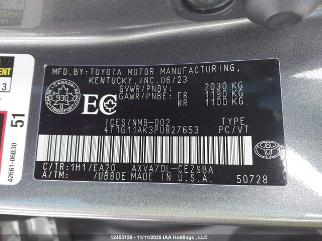 12453120 :رقم المزاد ، 4T1G11AK3PU827653 vin ، 2023 Toyota Camry Se Night Shade/se مزاد بيع