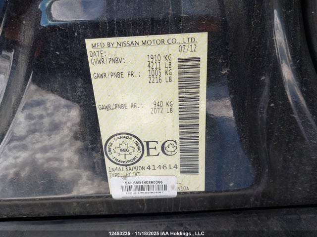 2013 Nissan Altima მანქანა იყიდება აუქციონზე, vin: 1N4AL3AP0DN414614, აუქციონის ნომერი: 12453235