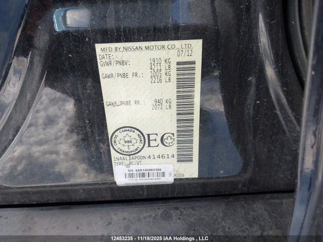 2013 Nissan Altima მანქანა იყიდება აუქციონზე, vin: 1N4AL3AP0DN414614, აუქციონის ნომერი: 12453235