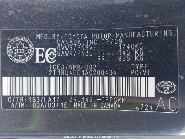 Aukcja sprzedaży 2010 Toyota Corolla, vin: 2T1BU4EE1AC200434, numer aukcji: 12453238