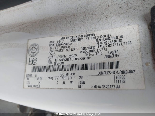 12395260 :رقم المزاد ، 1FT8W3BT3HED38162 vin ، 2017 Ford F-350 Xlt مزاد بيع