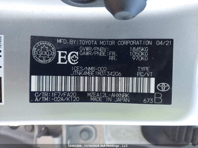 2021 Toyota Corolla მანქანა იყიდება აუქციონზე, vin: JTNK4MBE1M3134206, აუქციონის ნომერი: 12453294
