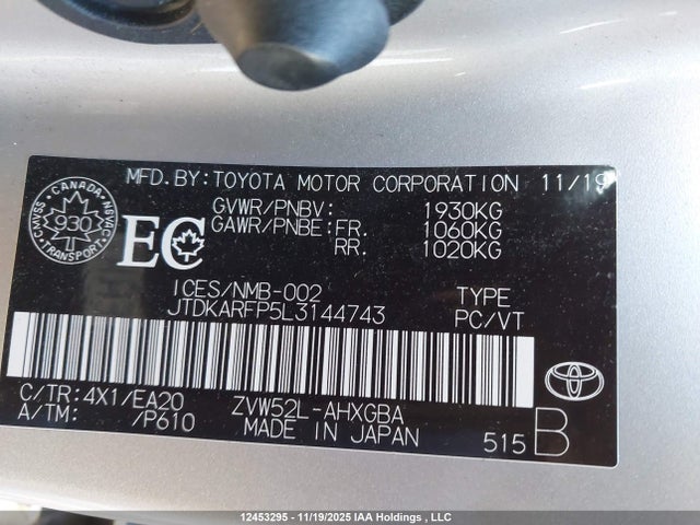 JTDKARFP5L3144743 Toyota Prius