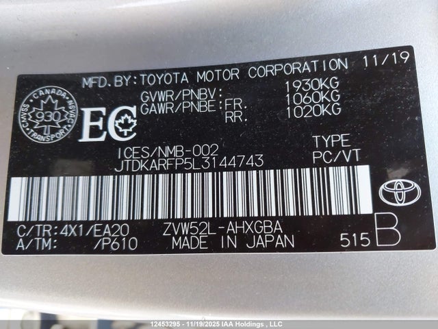JTDKARFP5L3144743 Toyota Prius