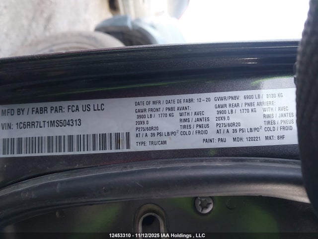 12453310 :رقم المزاد ، 1C6RR7LT1MS504313 vin ، 2021 Ram 1500 Classic Slt مزاد بيع