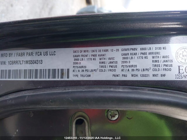 12453310 :رقم المزاد ، 1C6RR7LT1MS504313 vin ، 2021 Ram 1500 Classic Slt مزاد بيع