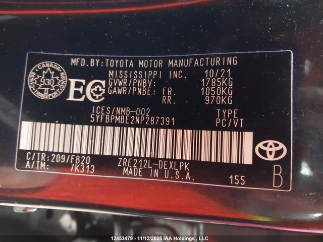 12453479 :رقم المزاد ، 5YFBPMBE2NP287391 vin ، 2022 Toyota Corolla Le/xle مزاد بيع