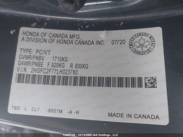 2020 Honda Civic მანქანა იყიდება აუქციონზე, vin: 2HGFC2F77LH023780, აუქციონის ნომერი: 12453785
