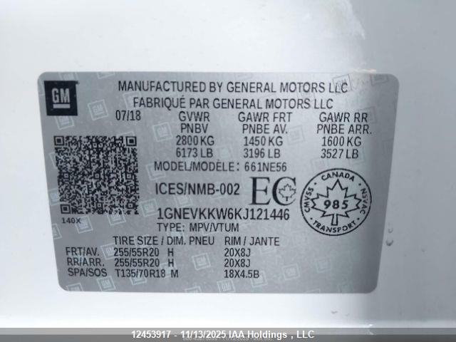1GNEVKKW6KJ121446 Chevrolet Traverse Premier
