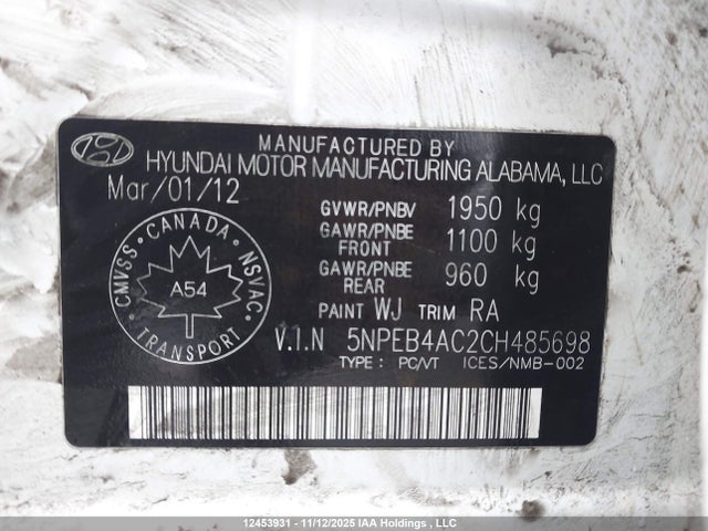 Продажа на аукционе авто 2012 Hyundai Sonata, vin: 5NPEB4AC2CH485698, номер лота: 12453931