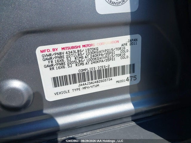 Aukcja sprzedaży 2011 Mitsubishi Rvr Se, vin: JA4AJ3AU4BZ605734, numer aukcji: 12453963