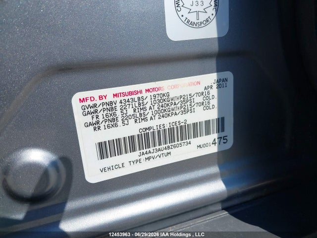 Aukcja sprzedaży 2011 Mitsubishi Rvr Se, vin: JA4AJ3AU4BZ605734, numer aukcji: 12453963